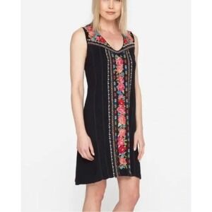 Johnny Was Rina Yoke Tank Dress Black Embroidered Floral Boho Shift Dress XS